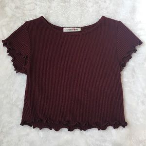 burgundy ruffled edge crop top, ribbed